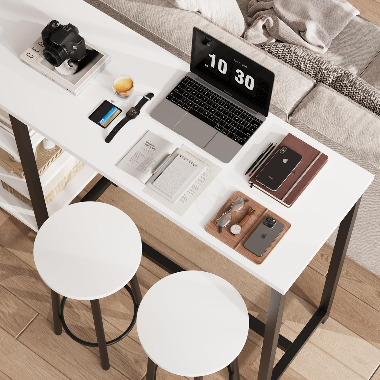 Counter Height Dining Table Set with Stools and Storage Shelves by IDEALHOUSE - White 3 Piece Pub Table for Small Spaces IDEALHOUSE