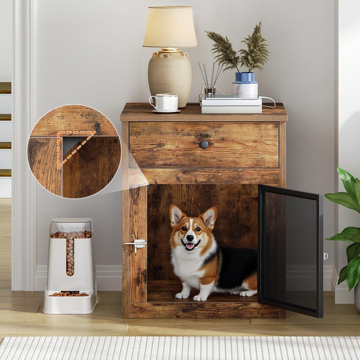 HOOBRO Dog Crate Furniture, Dog Kennel with Drawer and Charging Station, Indoor Decorative Puppy House, Wooden Pet Crate End Table for Small Dogs, Rustic Brown and Black BF58UGW03G1 HOOBRO