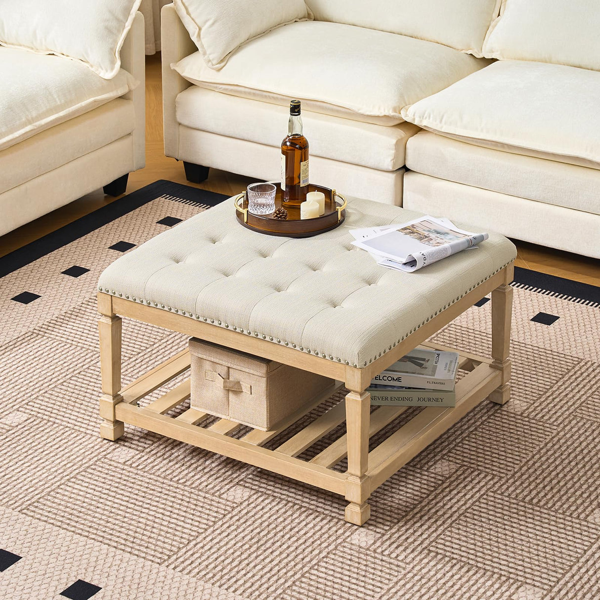 Befurtori Large Square Ottoman Coffee Table, Linen Solid Upholstered Footrest Ottoman with Solid Wood Shelf Storage Tufted Coffee Table for Bedroom Living Room-Ivory Befurtori