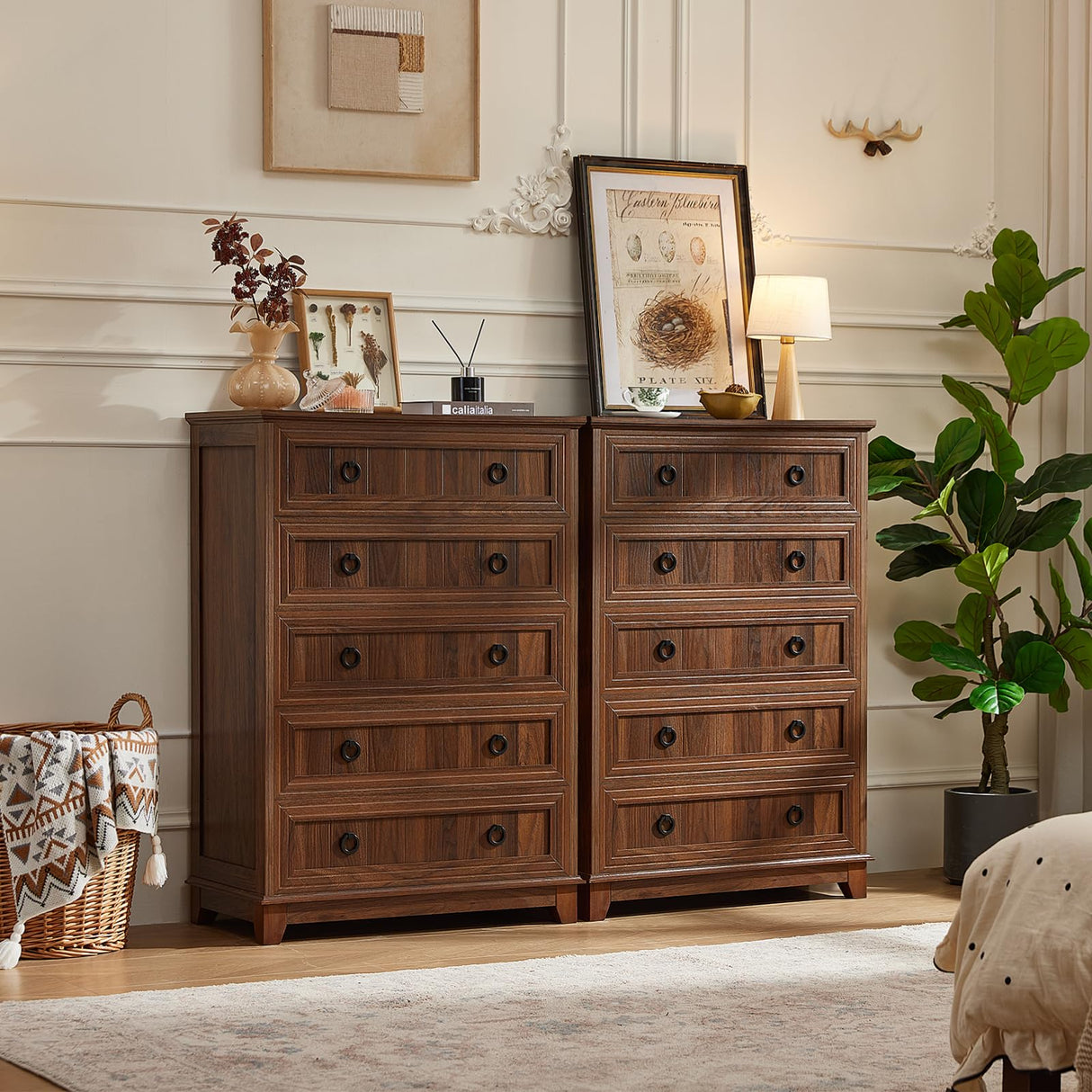 Joaxswe Farmhouse 5 Drawer Dresser for Bedroom, 42" Tall Small Dressers & Chest of Drawers, Rustic Wood Dresser with Metal Handle, Storage Organizer Closet for Living Room, Hallway, Entryway Joaxswe