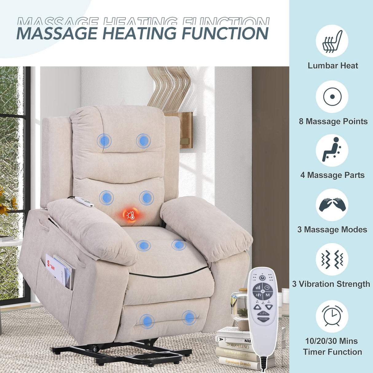 Massage Recliner,Power Lift Chair for Elderly with Adjustable Massage and Heating Function,Recliner Chair with Infinite Position and Side Pocket for Living Room,Beige Merax