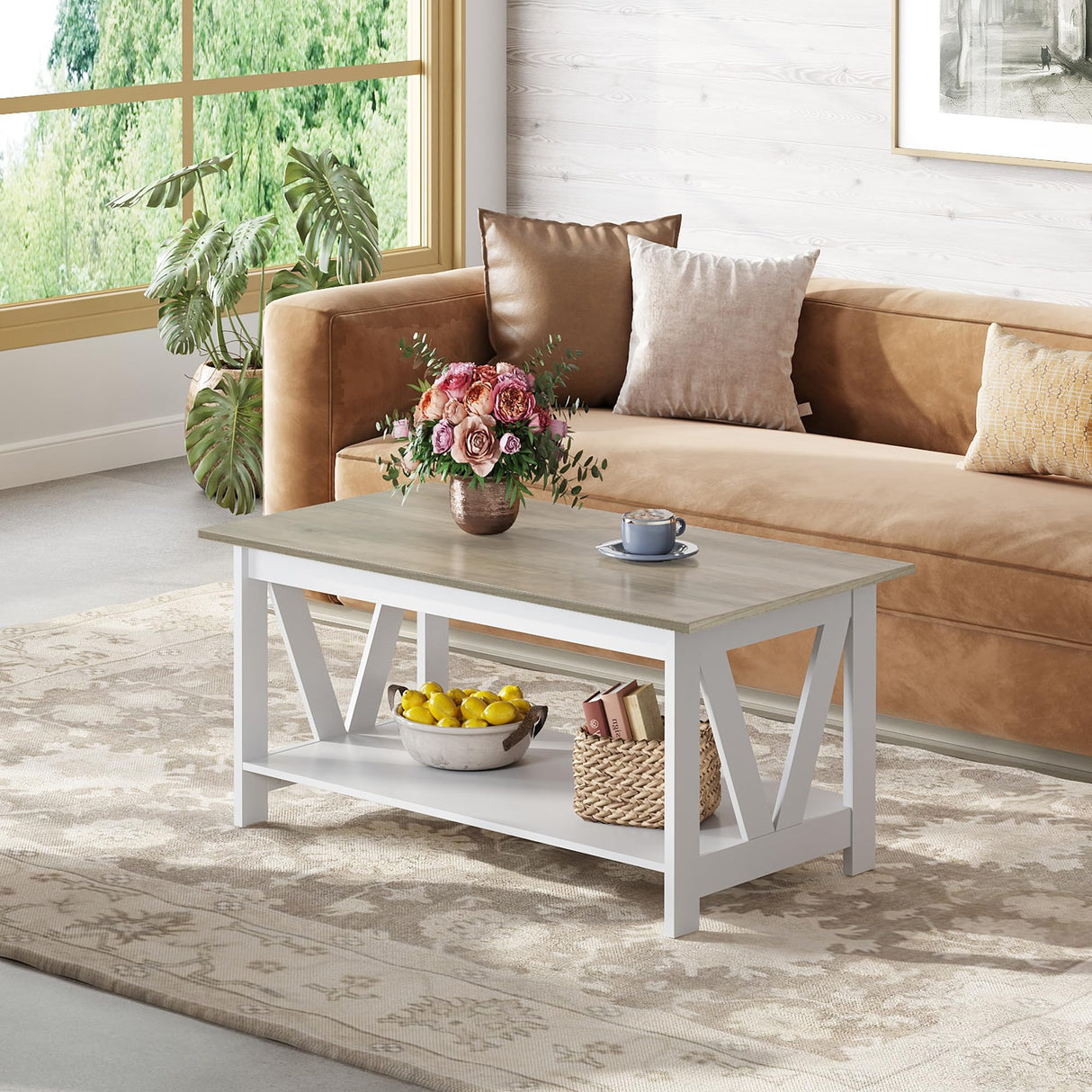 WLIVE Coffee Table with Storage Shelf, 39.4" Farmhouse Coffee Table with V-Frame Support, 2-Tier Wood Rustic Center Table for Living Room, Bedroom & Balcony, Greige & White WLIVE
