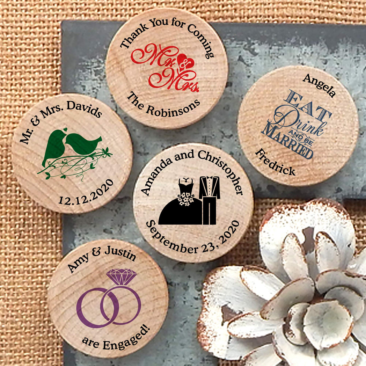 Personalized Wooden Wedding Magnets, Personalized Refrigerator Magnets, Save The Date Magnets (Set of 50) Ducky Days