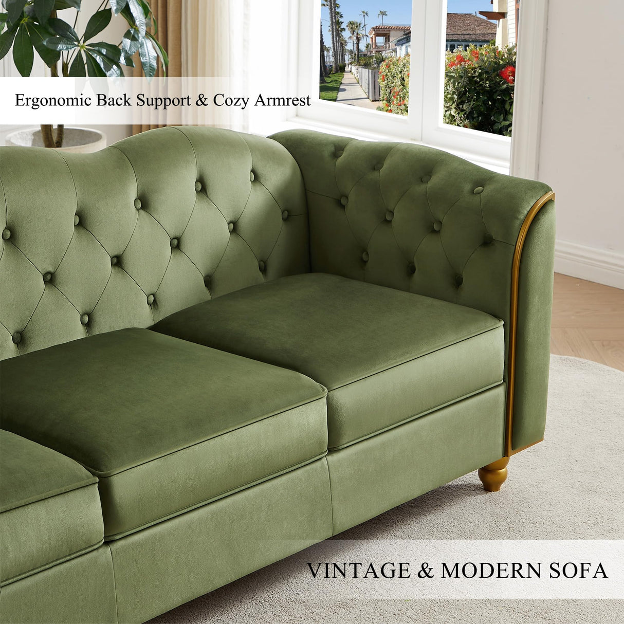 HITHOS 78" Velvet Sofa Couch, Soft 3 Seater Sofa Couche for Living Room, Button Tufted Comfy Couch Modern Sofa with Upholstered Cushion, Gold Trim, Solid Wood Legs for Dorm Bedroom Apartment, Green HITHOS