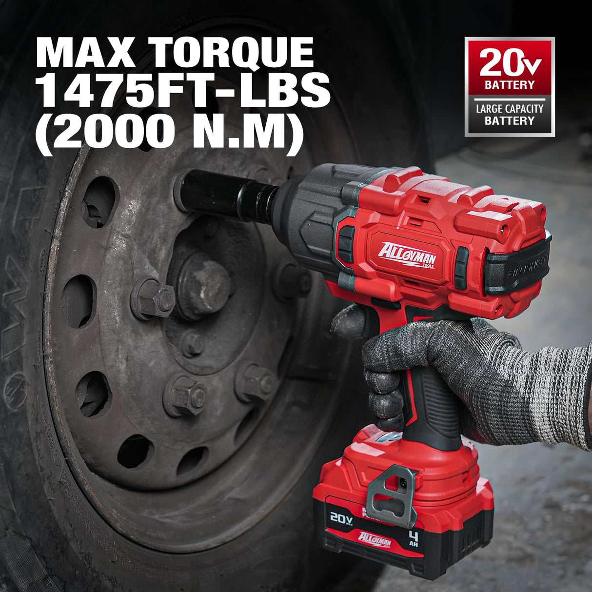 Alloyman Cordless Impact Wrench, 1475Ft-lbs (2000N.m) 1/2 High Torque Brushless Impact Gun, 20V Power Impact Driver, 4000mAh Battery,3 Sockets, Brushless Motor Variable Speeds for Car/Truck RV/Mower Alloyman