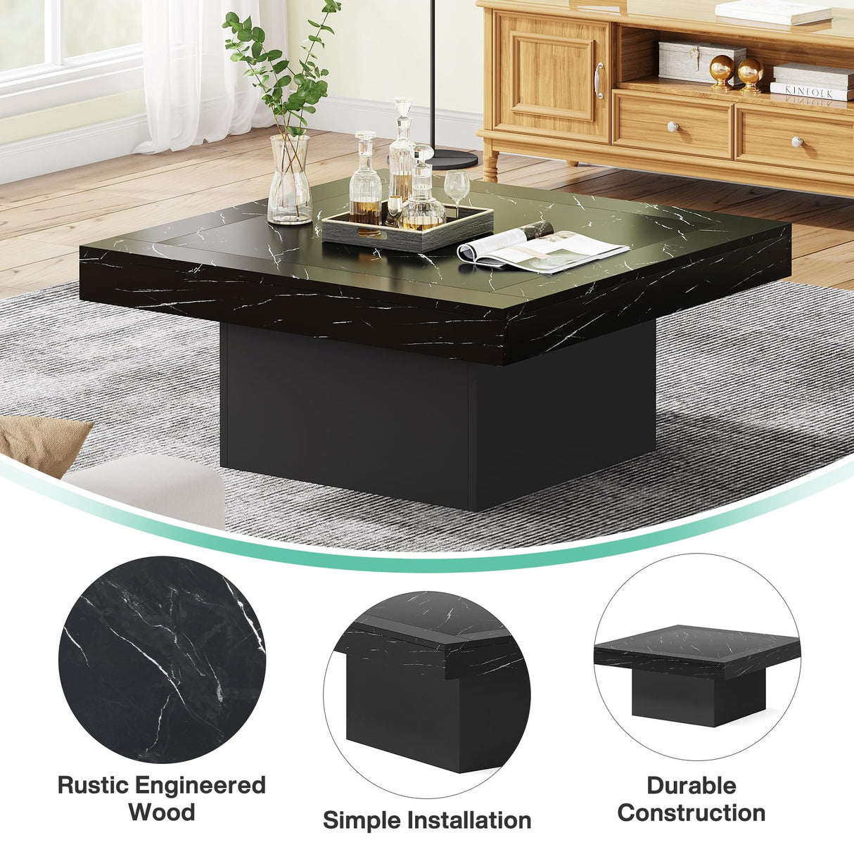 Tribesigns Coffee Table Square LED Coffee Table Engineered Wood Low Coffee Table for Living Room (Faux Marble Black+Black) Tribesigns