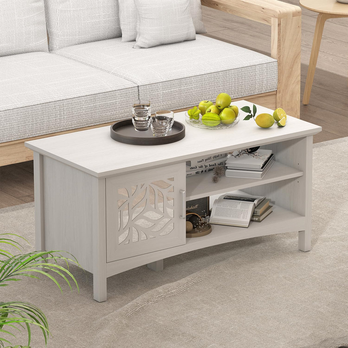 Bonzy Home 39.4" Wooden Coffee Table with Mirror Doors, Modern Center Table with Storage and Open Shelves, Rectangle Coffee Tables for Living Room, Apartment, White Ash Bonzy Home