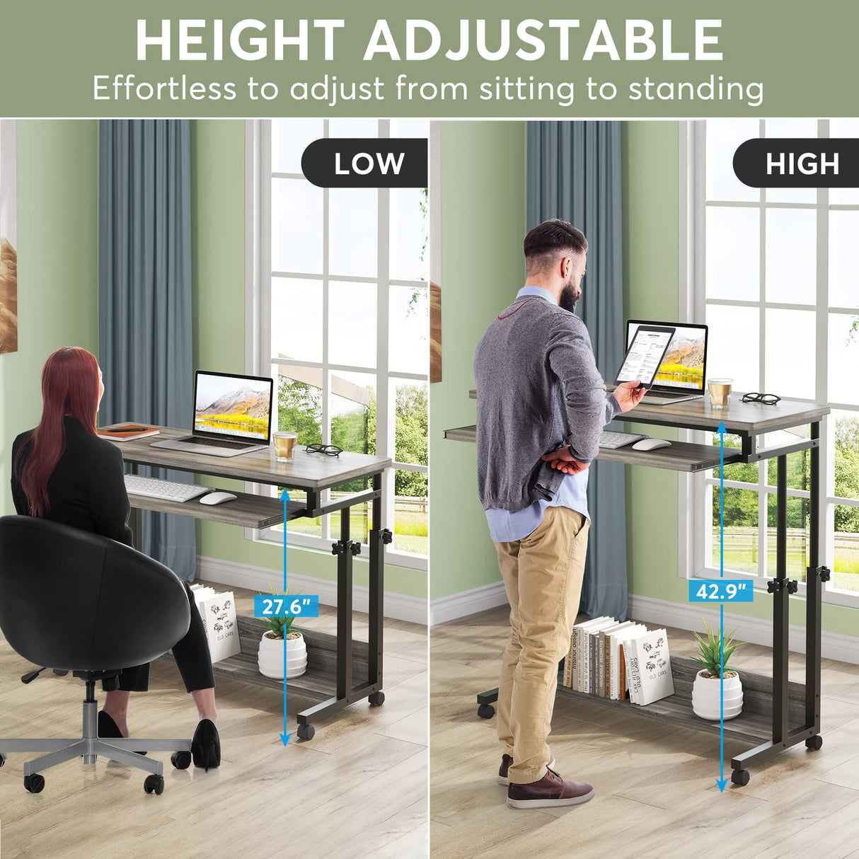 Tribesigns Portable Desk for Sofa and Bed, Height Adjustable Mobile Laptop Table Small Standing Desk Rolling Computer Cart with Keyboard Tray on Wheels for Home Office (Grey) Tribesigns