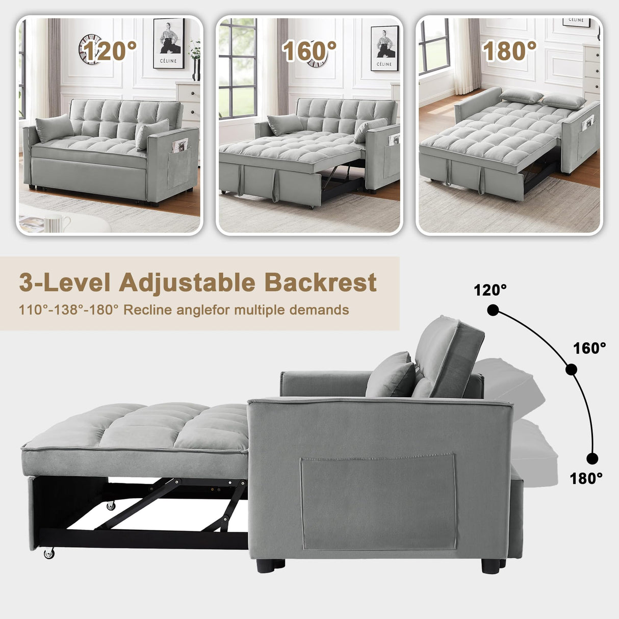 SumKea Convertible Sofa Couch 3-in-1 Multi-Functional Velvet Pull-Out Bed, 55'' Loveseat Chaise Lounge with Adjustable Backrest and Pillows, Grey SumKea