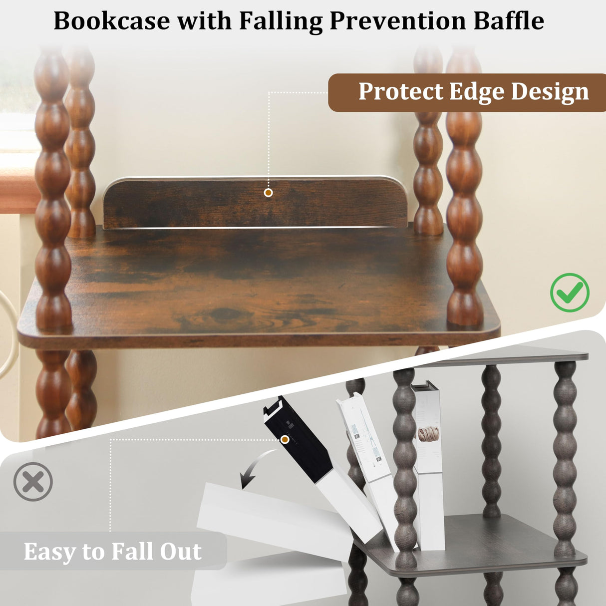 Fultyle Book Shelf, 4-Tier Bookshelf with Storage, Small Bookcase Display Shelves for Small Spaces, Bedroom, Living Room and Office with Solid Wood Legs (Rustic Brown)