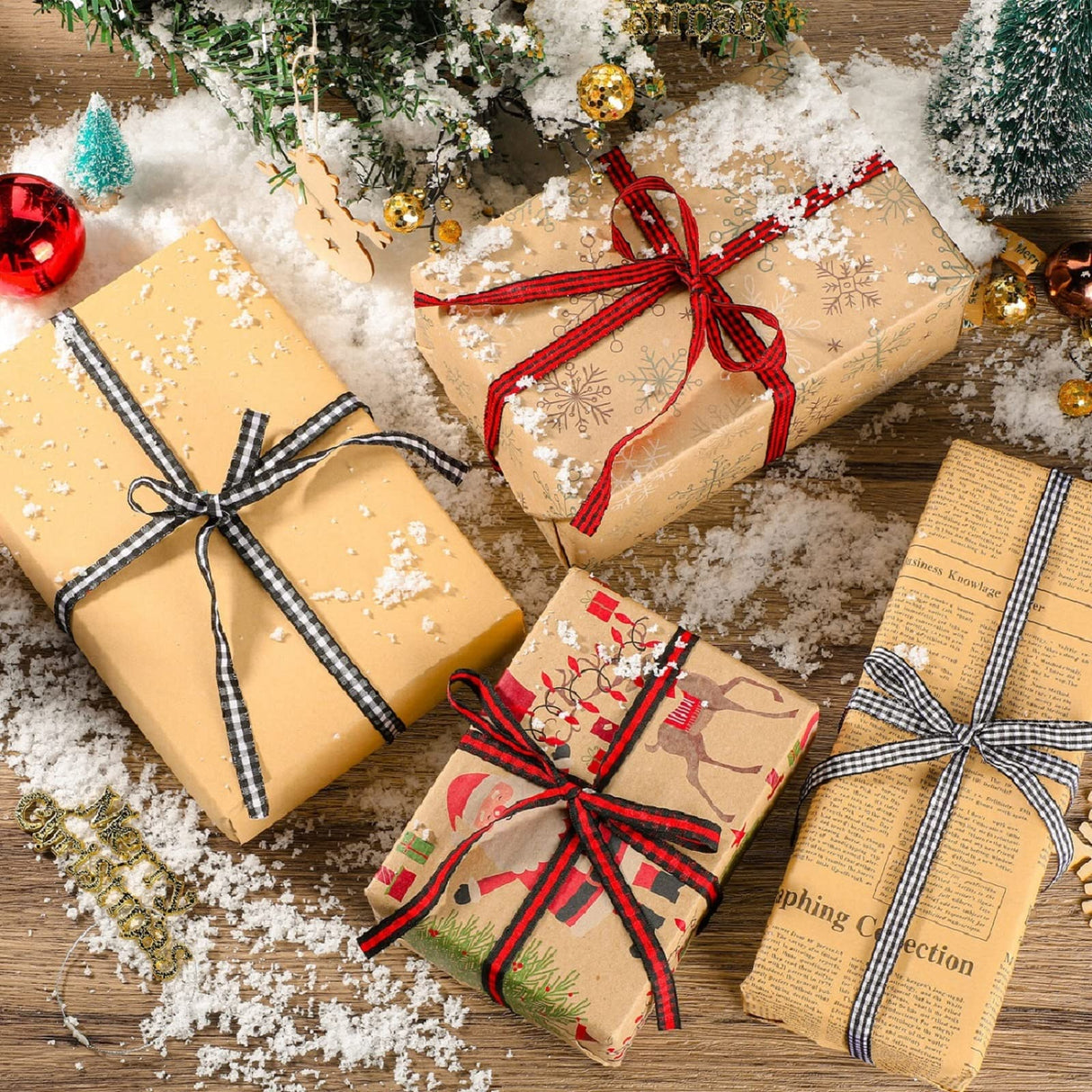 Chuangdi 4 Rolls 200 Yards Christmas Buffalo Plaid Checkered Ribbon Black White and Red Gingham Ribbon 3/8 Inch Wide Edge for DIY Crafts, Present Wrapping, Hair Bows, Holiday Decoration Chuangdi