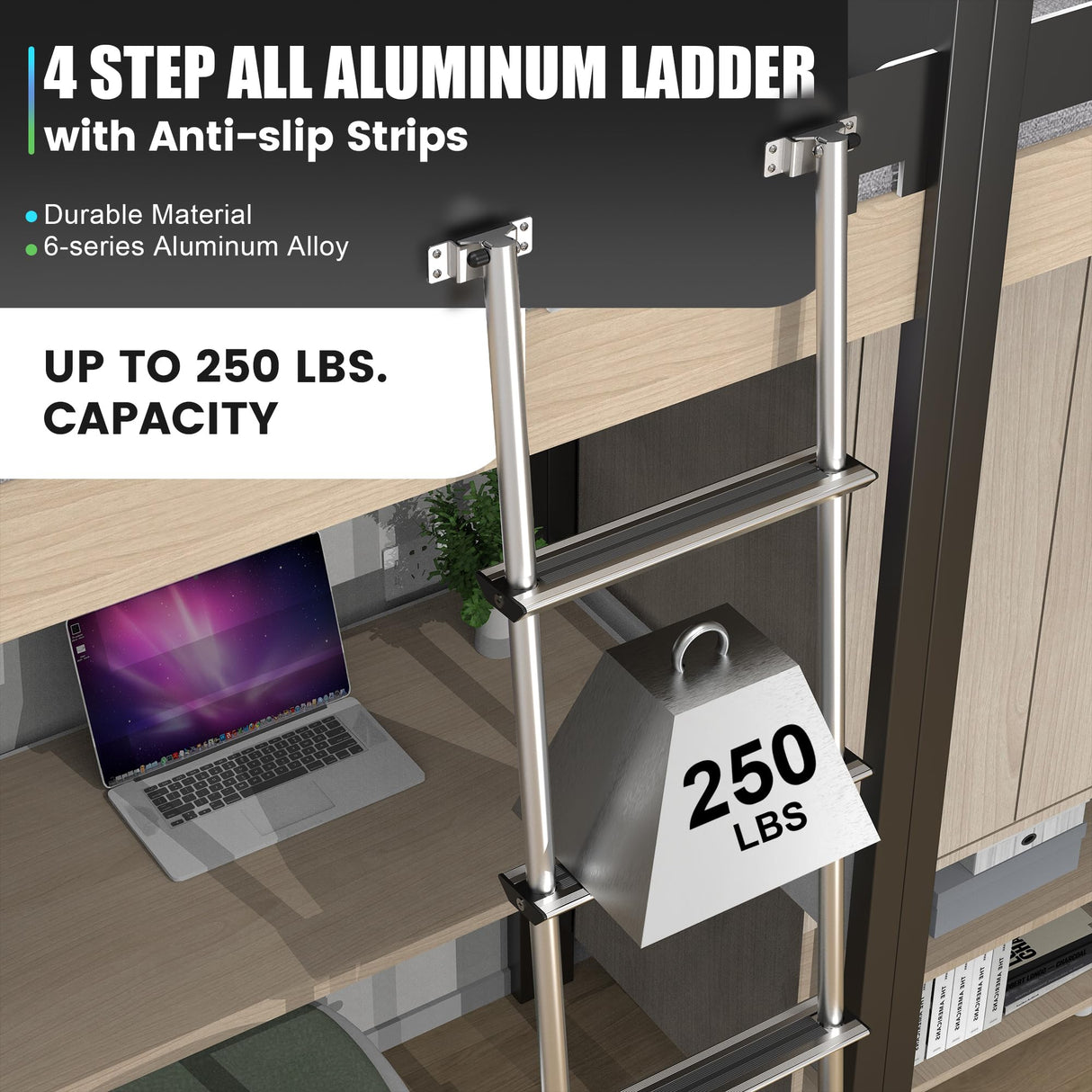 Marudina 61.5" Pre-Assembled Bunk Ladder, Adjustable 3 Levels of Height, Aluminum RV Bunk Bed Ladder with 4 Anti-Slip Steps, Non-Slip Feet, 2 Fixing Methods Marudina