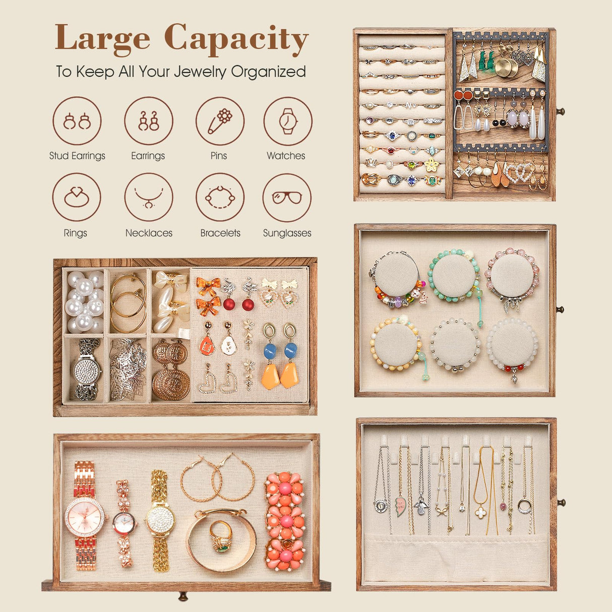 Honiway Jewelry Box for Women, 5 Layer Rustic Wooden Jewelry Organizer with Glass Window, 4 Drawers, Mirror, Large Jewelry Storage Display for Earrings Rings Necklaces Bracelets (Rustic Brown) Honiway