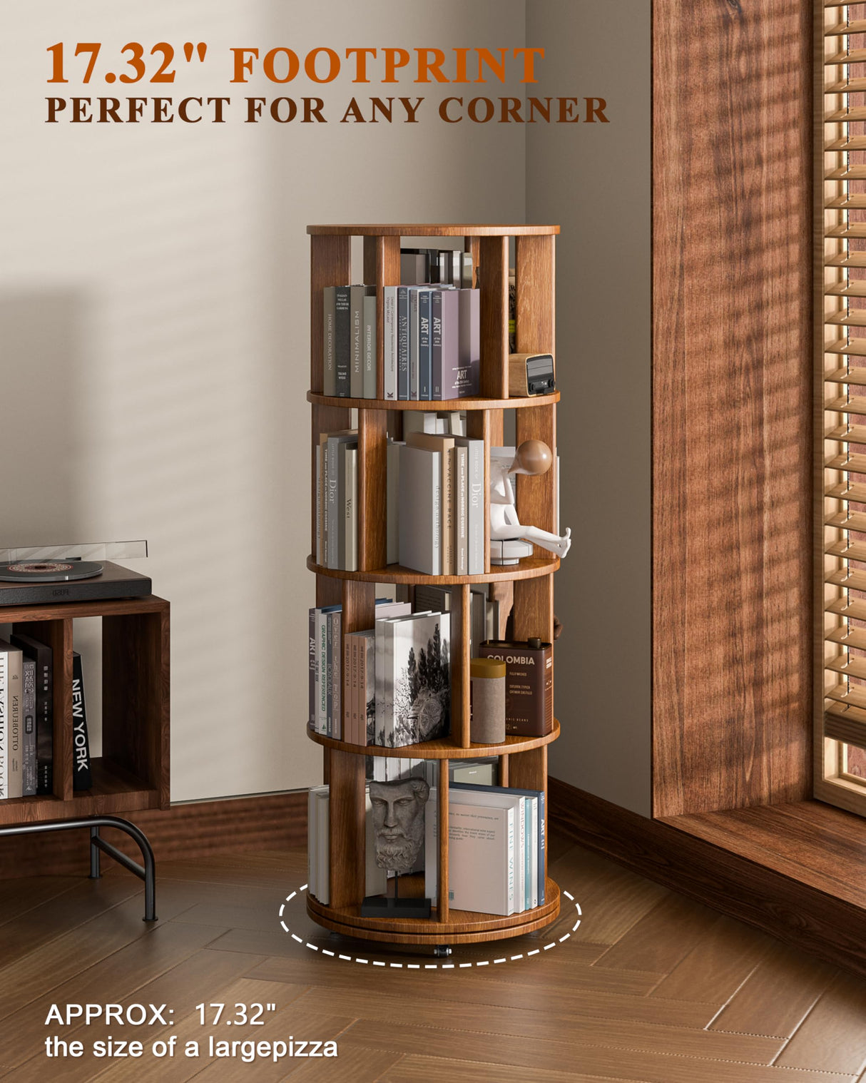 4-Tier Solid Wood Rotating Bookshelf on Wheels, 360° Spinning Book Shelf Tower, Round Revolving Bookcase Organizer, Rolling Bookshelves for Small Spaces, Corner, Bedroom, Kids Room, Office, Walnut IUNVR