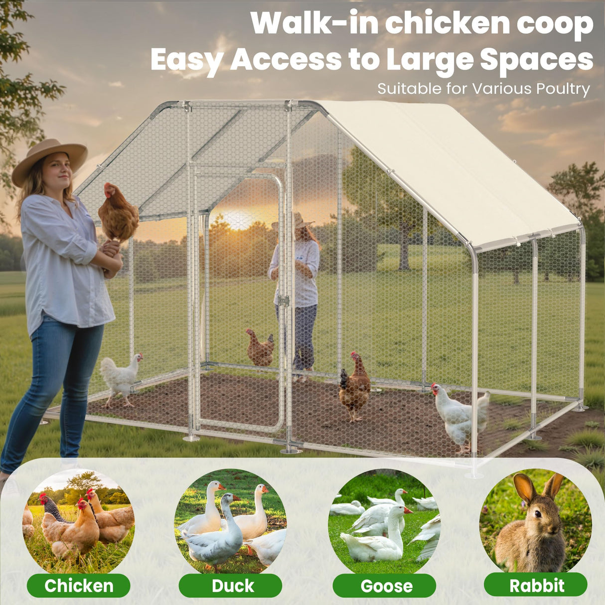 Large Metal Chicken Run, Chicken Coop with Lockable Door Flat Shape Walk-in Chicken Hen House with Waterproof & Anti-UV Cover for Duck Rabbit Habitat Cage Outdoor Poultry Cage for Yard Farm Phonjoroo