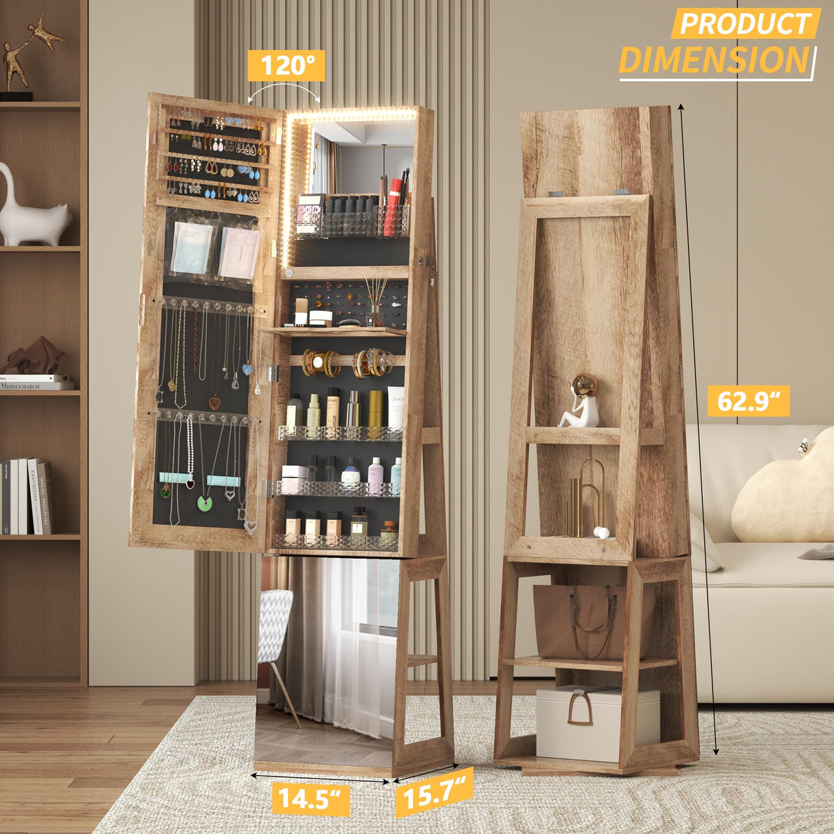 Vlsrka 360° Swivel Jewelry Cabinet with Lights, 63" H Large Capacity Jewelry Armoire with Full Length Mirror, Standing Jewelry Mirror with Storage for Jewelry, 4-in-1 design, Brown Vlsrka