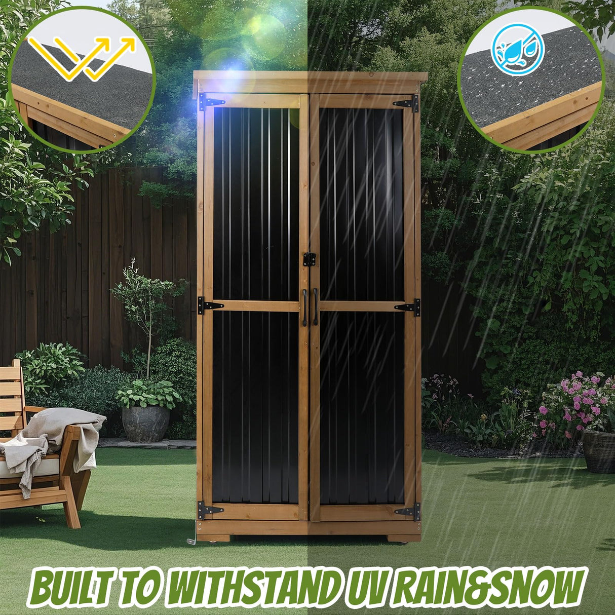Outdoor Storage Cabinet,Wood & Metal Storage Shed with Lockable Doors & Adjustable Shelves,Vertical Outdoor Cabinets for Patio Backyard, Gardening Tools and Accessories,Brown Magazoopet
