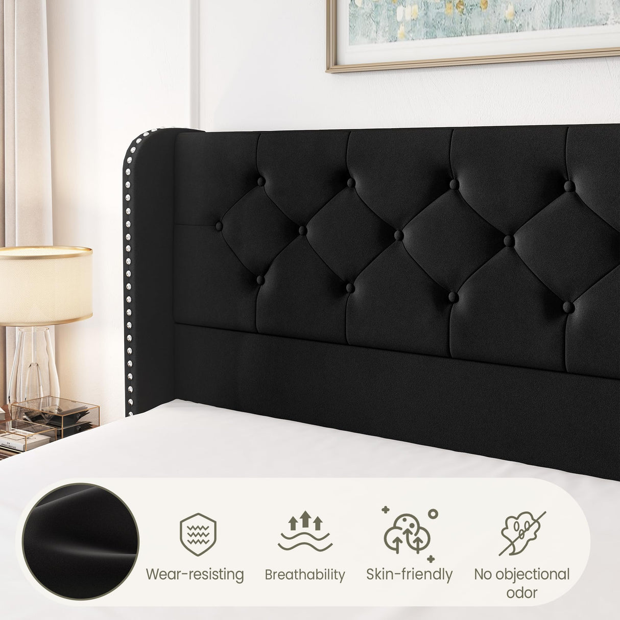 LARMACE Queen Size Bed Frame with 4 Storage Drawers and Wingback Headboard Upholstered Platform Beds Velvet Tufted Bed Frame with Wooden Slats Support, Easy Assembly, Black LARMACE