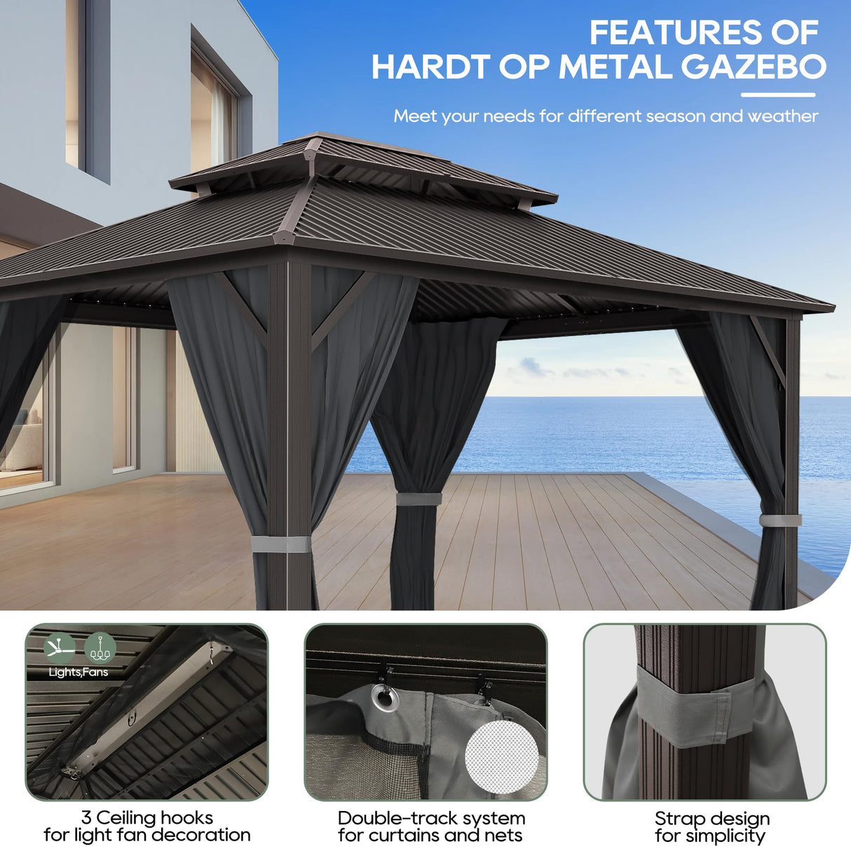 Sumshadow 10' x 12' Hardtop Gazebo, Aluminum Frame Canopy with Galvanized Steel Double Roof, Metal Pavilion with Netting and Curtains, Patio Hard Top Gazebo for Patio, Lawns, Deck, Backyard,Grey Sumshadow