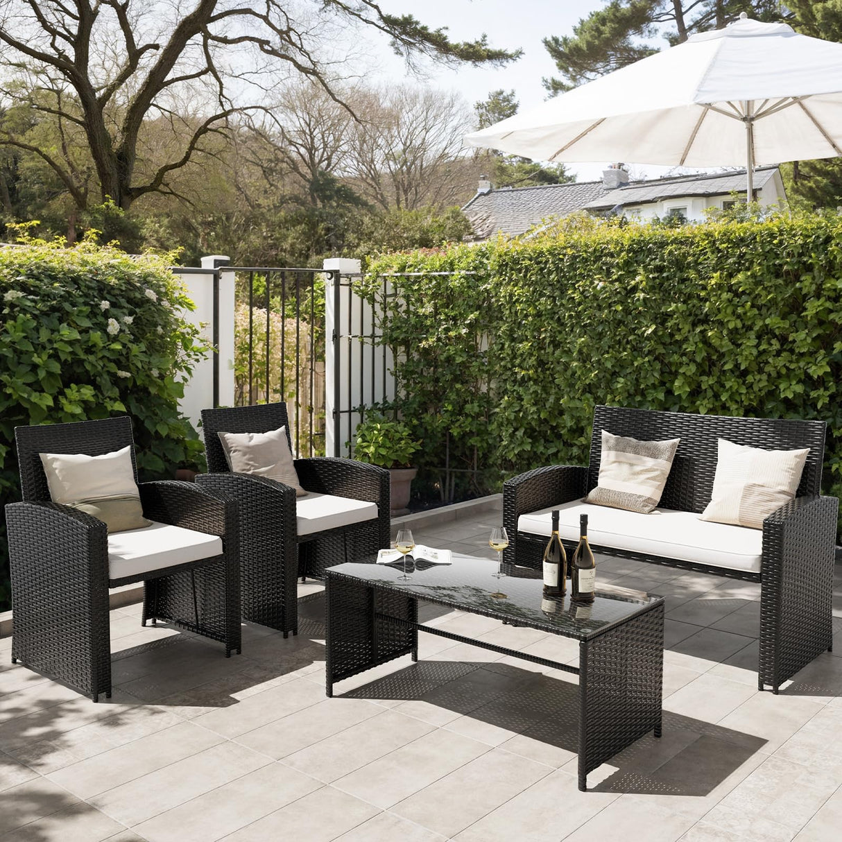 Amopatio Outdoor Furniture Set,4 Pieces Black Rattan Wicker Conversation Sets Sectional Sofa with White Cushions Amopatio
