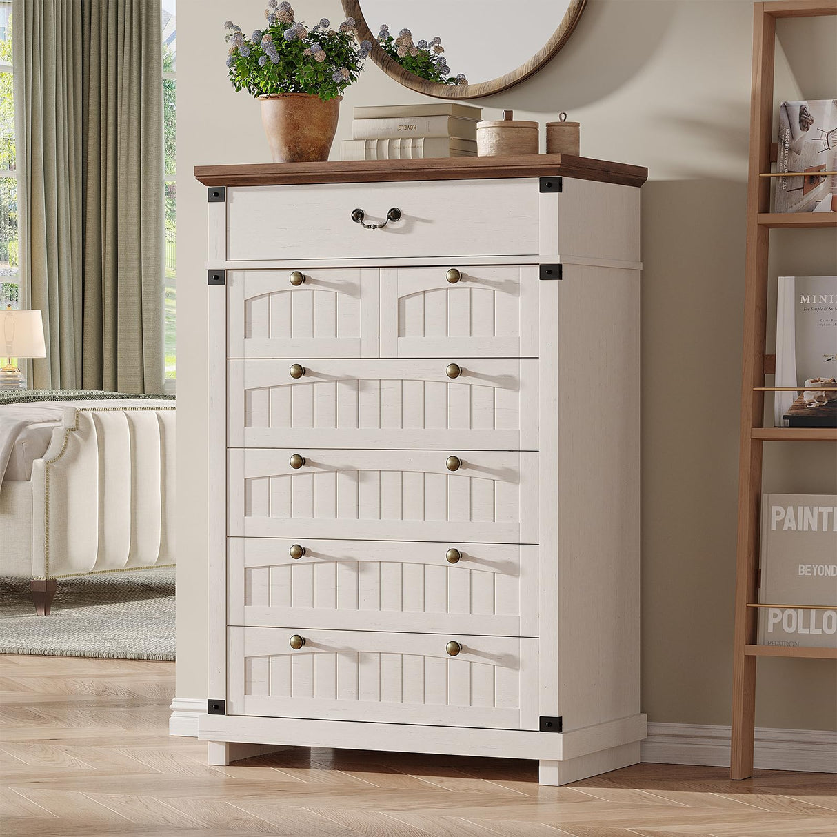 Maupvit Farmhouse 7 Drawer Dresser for Bedroom, 47" Tall Dresser Wood Chest of Drawers, Organizer Drawers for Bedroom, Living Room, Storage Room, Antique White Maupvit