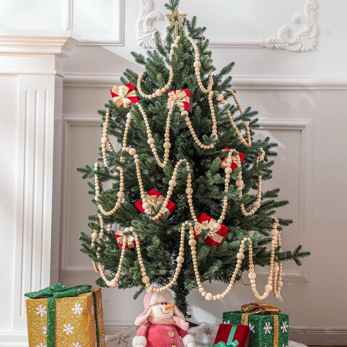 Yinder 4 Pcs 48 Feet Christmas Wooden Beaded Garland 11.8 ft Christmas Tree Garland Beads Farmhouse Rustic Wall Hanging Decor Boho Hanging Decorations for Xmas Holiday Mantel Home Party(Natural) Yinder