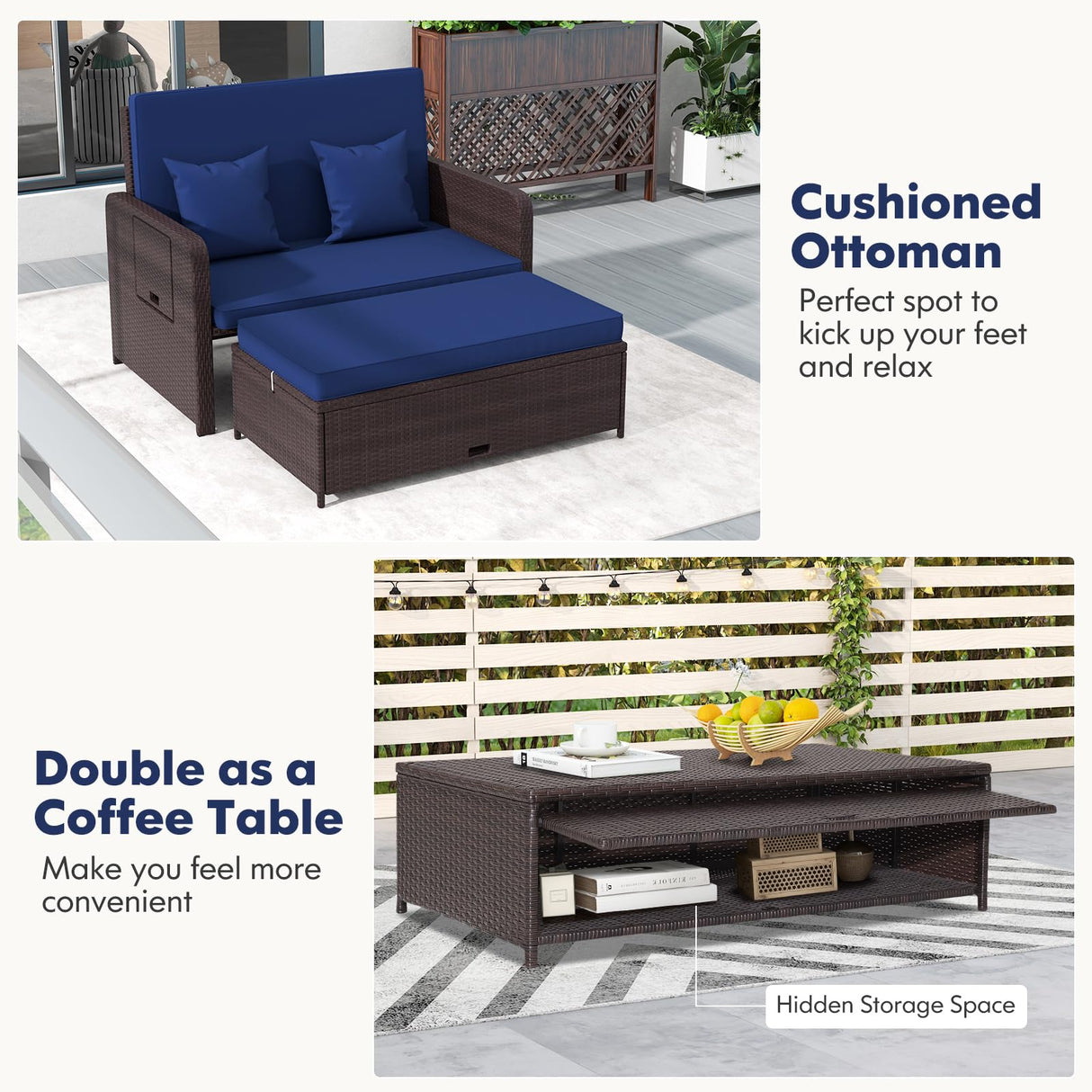 Nightcore Wicker Patio Outdoor Daybed, Outdoor Chaise Lounger w/ 4-Level Adjustable Backrest, Retractable Side Trays, Storage Ottoman, Comfortable & Removable Cushions, Rattan Loveseat (Navy) Generic