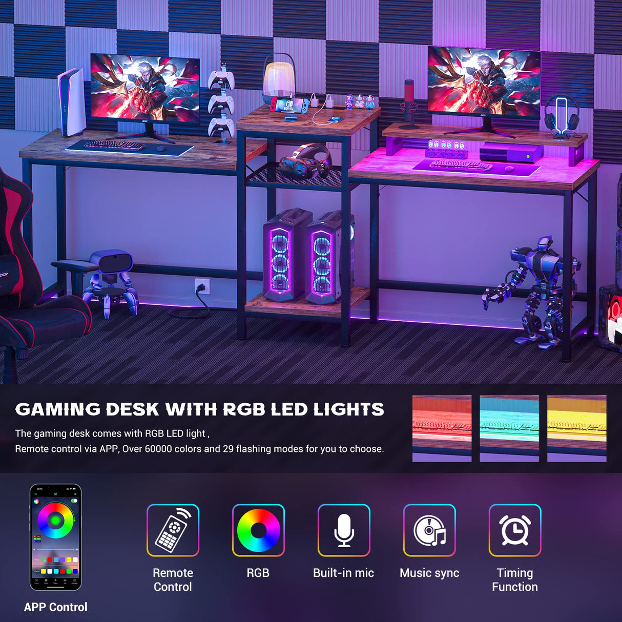 Unikito Double Computer Desk with LED Strip and Power Outlet, 2 Person Desk with Monitor Stand and Storage, Ergonomic Computer Desk with Printer Stand for Home Office, Long Gaming desk, Rustic Brown Unikito