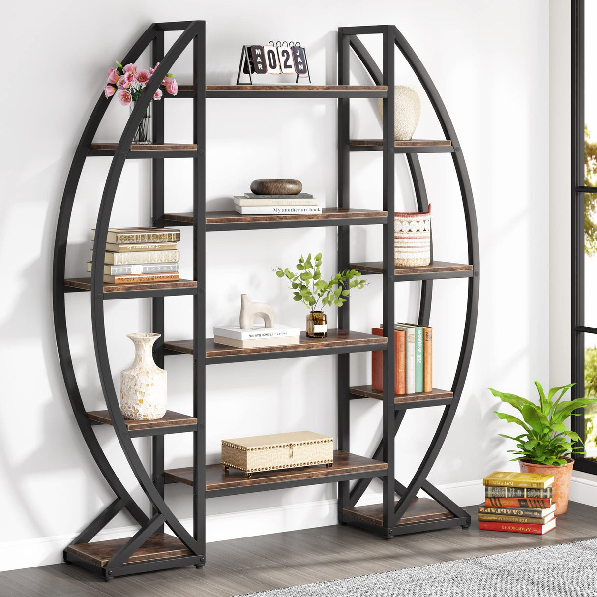 Tribesigns 55" Industrial Oval 5-Tier Bookcase - Triple Wide Etagere in Rustic Brown Tribesigns