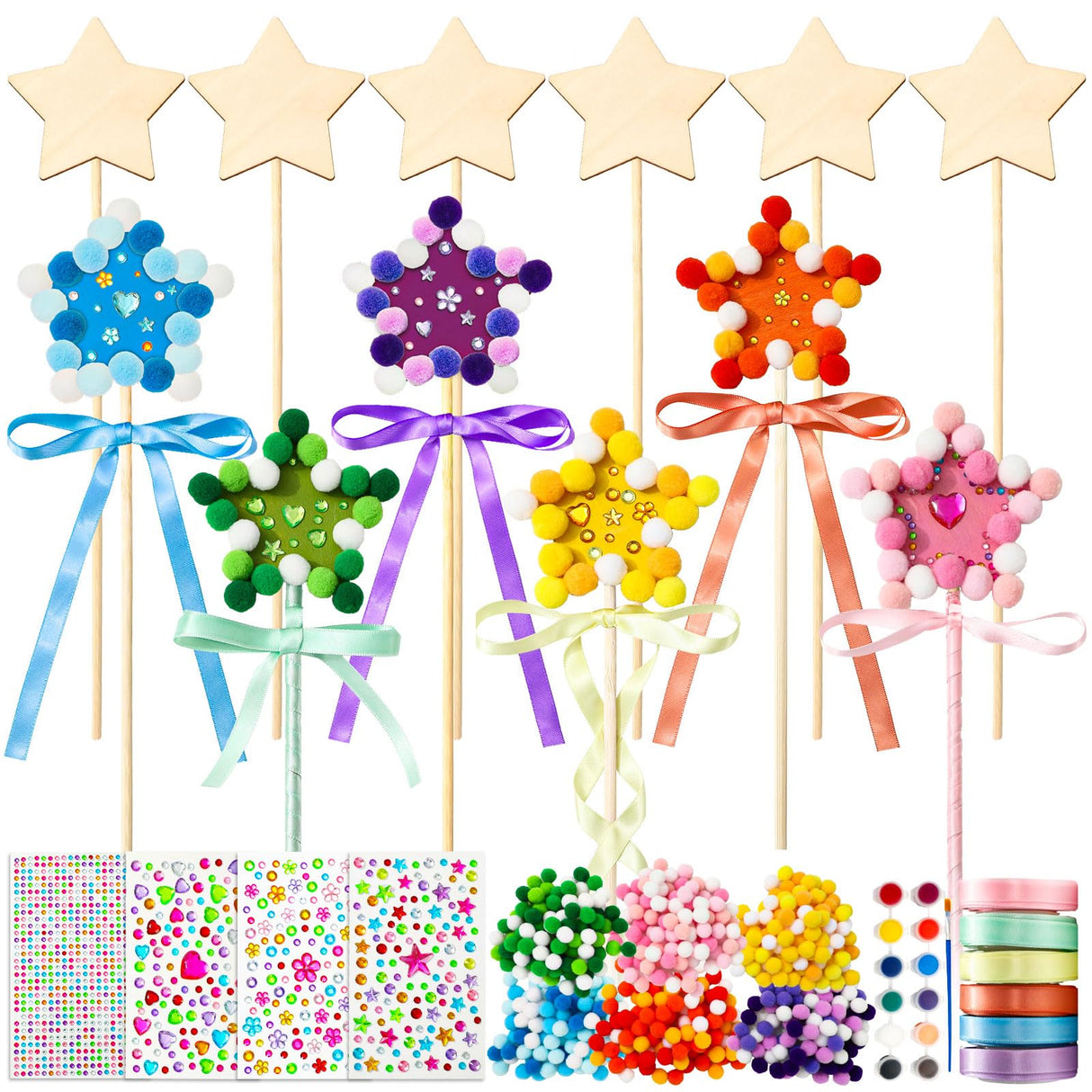 JarThenaAMCS 20 Pcs Princess Fairy Wands Kit Make Your Own Magic Wand Unfinished Wooden Fairy Wands with Ribbons Gem Stickers Felt Ball Paint Brush DIY Art Crafts for Birthday Party Supplies JarThenaAMCS