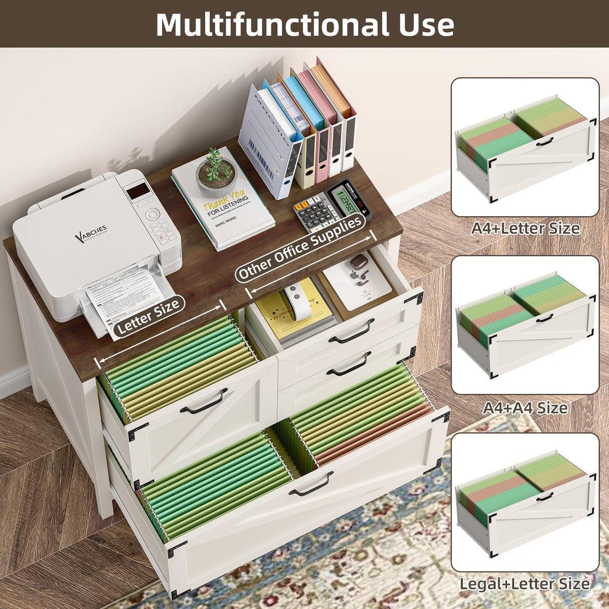 4-Drawer Wood Lateral File Cabinet for Hanging Files Letter/A4/Legal Size, Large Farmhouse File Cabinets for Home Office, Printer Stand with Office Cabinet, Office Furniture, White and Brown Vabches