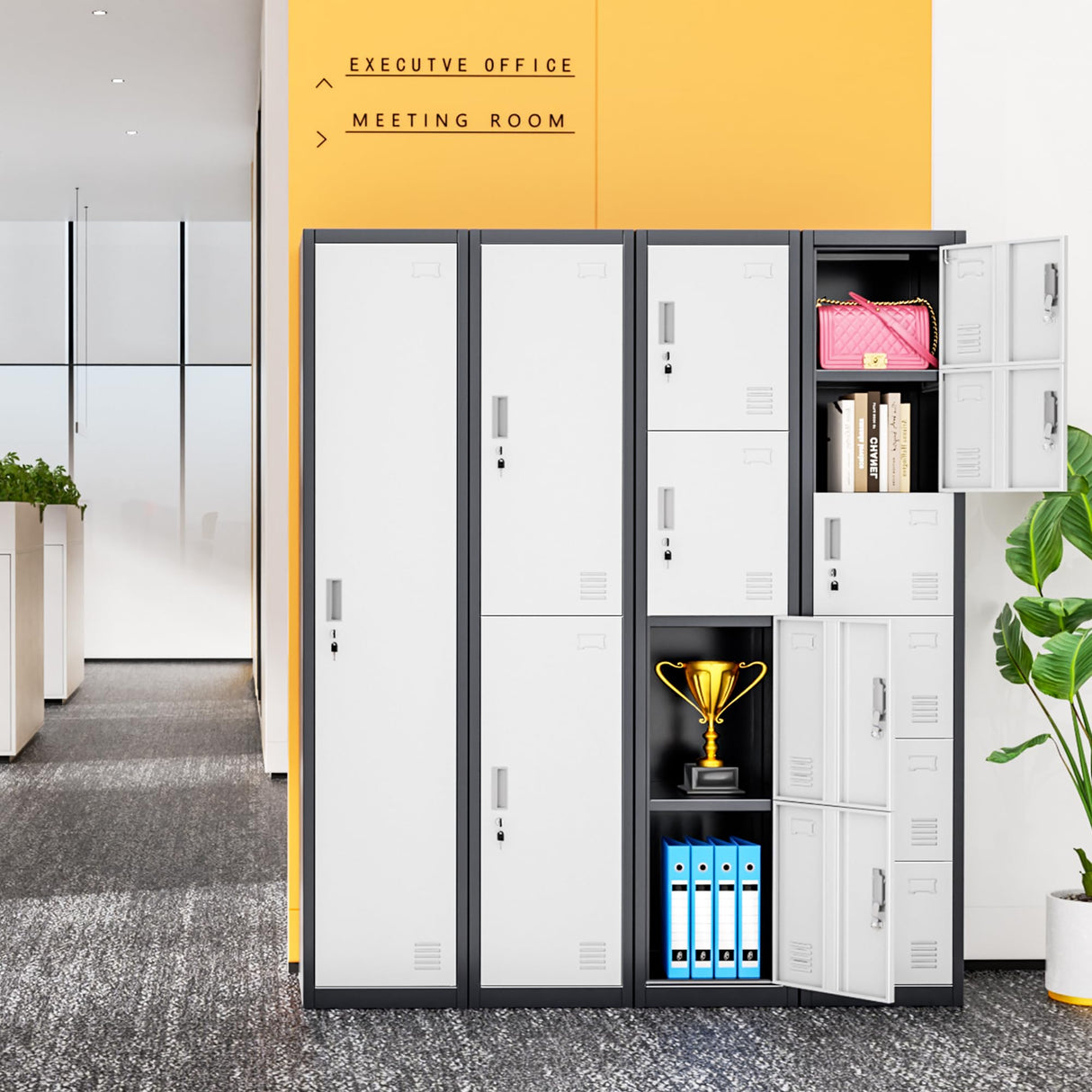 INTERGREAT Metal Locker for Employees with 4 Doors,(72") Steel Locker Storage Cabinet with 4 Tiers,Tall Office Storage Lockers for Home Office,School,Gym (Grey White) INTERGREAT