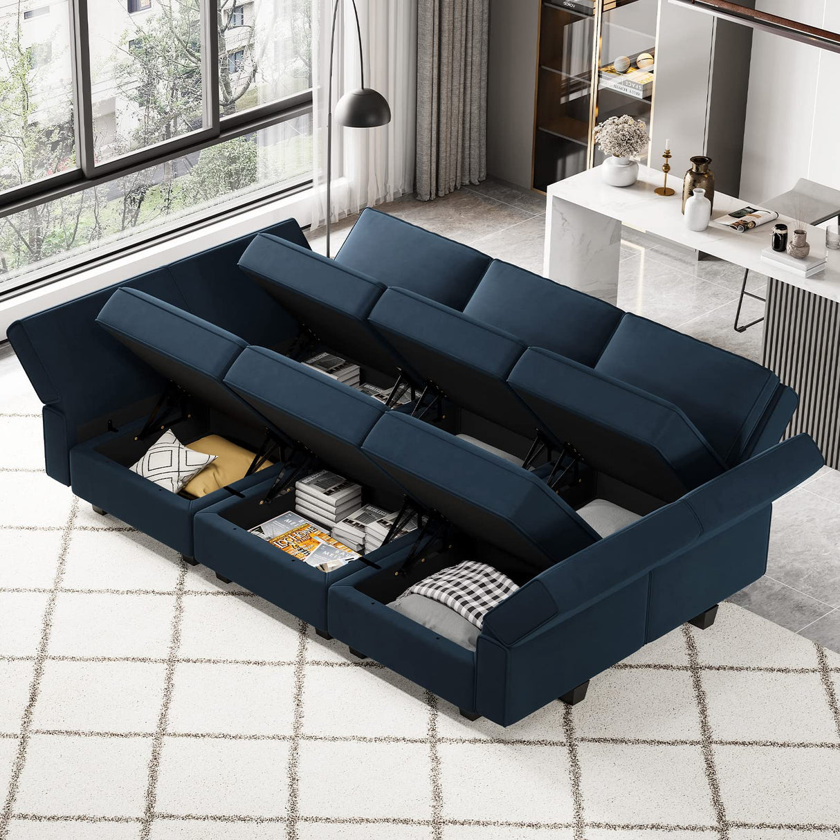 Belffin Modular Velvet Sectional Sofa with Chaise Lounge Sectional Sleeper Sofa with Storage Chaise Bed Couch for Living Room Blue Belffin