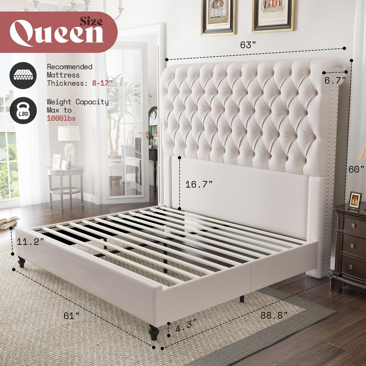 AMERLIFE Queen Size Bed Frame with 60" Tall Wingback Headboard, Velvet Upholstered Platform, Button Tufted Sleigh Design, No Box Spring Needed,Cream AMERLIFE