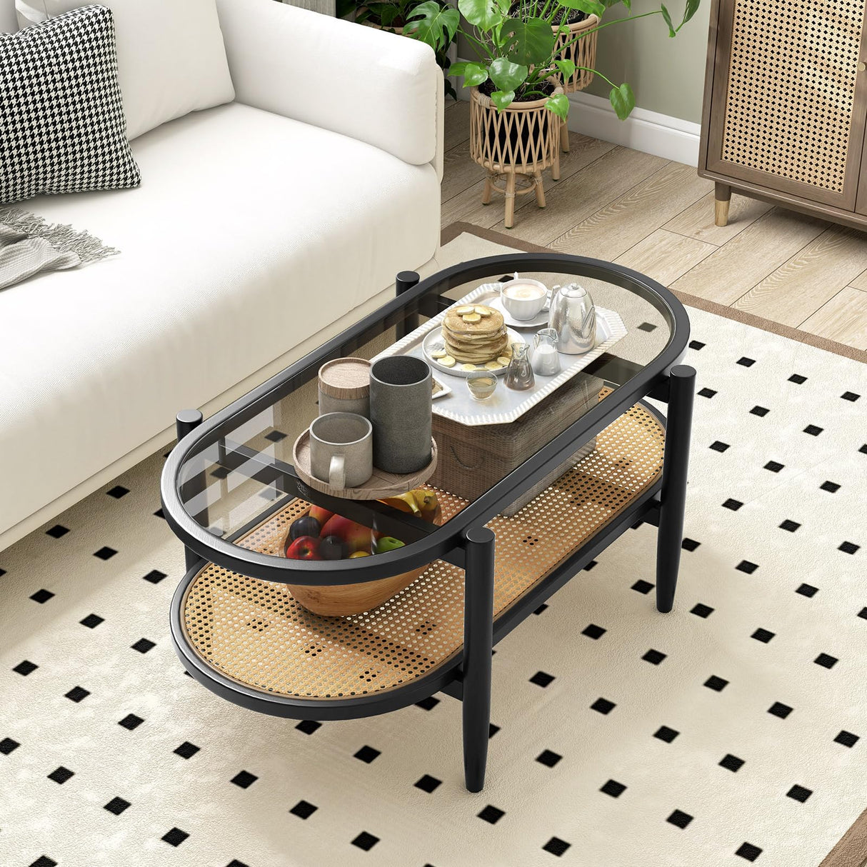 Giantex Rattan Coffee Table, 2-Tier Oval Wood Tea Table with Tempered Glass Tabletop & PE Rattan Storage Shelf, 40" Boho Cocktail Tables, Mid Century Modern Center Table for Living Room Office, Black Giantex