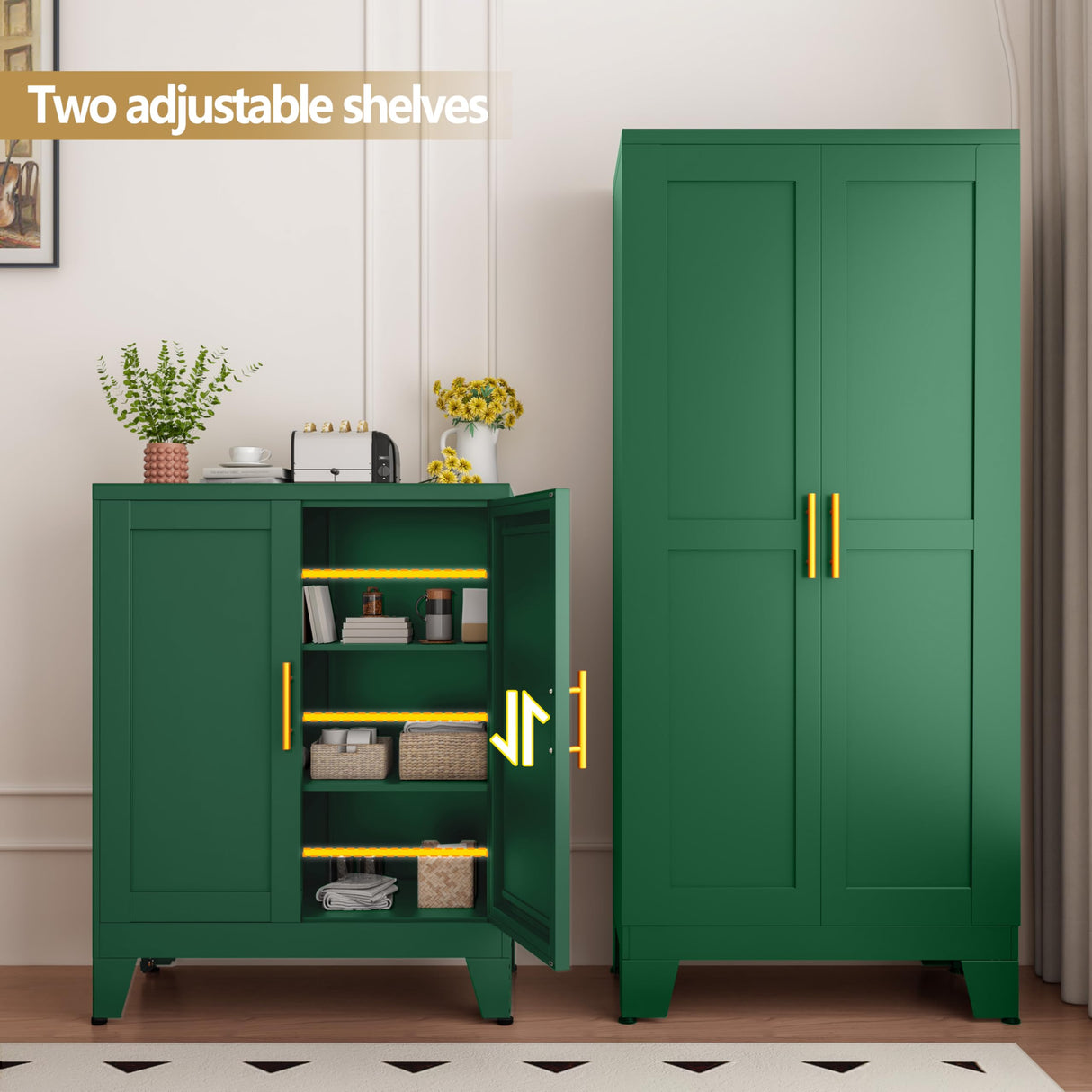 GAIOUS 35.83" Metal Pantry Storage Cabinet with 2 Doors and 2 Adjustable Shelves, Green Freestanding Hutch for Kitchen/Laundry/Living Room/Bedroom GAIOUS