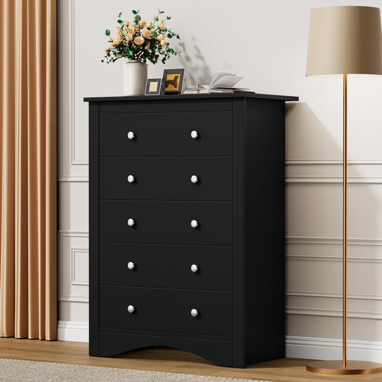 Flamaker Tall Dresser for Bedroom, 5 Drawer Dresser, Wood Dressers, Wide Chest of Drawer, Storage Drawers, Storage Organizer for Closet, Hallway (Black) Flamaker