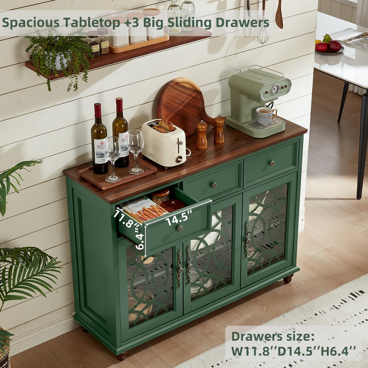 Joaxswe Farmhouse Sideboard Buffet Cabinet with Storage,48" Large Credenza with 3 Glass Doors & 3 Drawers,Adjustable Shelves Console Table,Wood Kitchen Coffee Bar for Dining Room,Living Room,Green Joaxswe