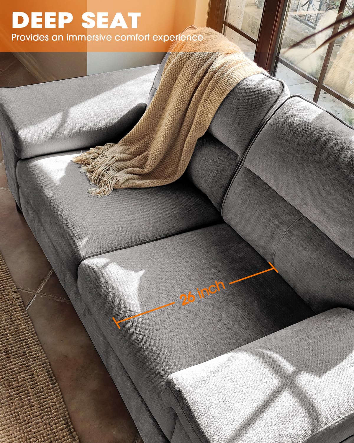 71.25" Modern Couches for Living Room, Deep Seat Sofa with 8” Cushion, Comfy 2-Seater Chenille Loveseat with Convertible Armrest, Removable Sofa Cover, High Leg(Light Gray) Upvilla