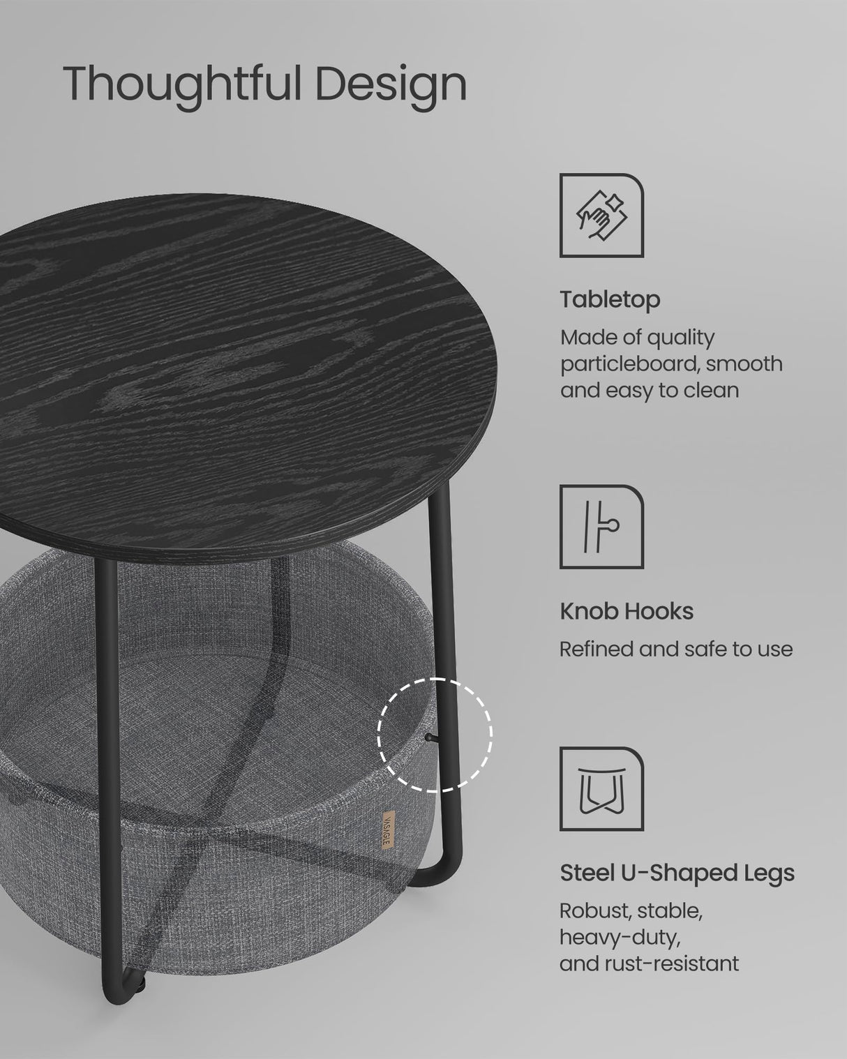VASAGLE End Table, Small Bedside Table with Fabric Basket, Modern Nightstand, Round Side Table, for Living Room, Bedroom, Ebony Black and Slate Gray ULET223B01 VASAGLE