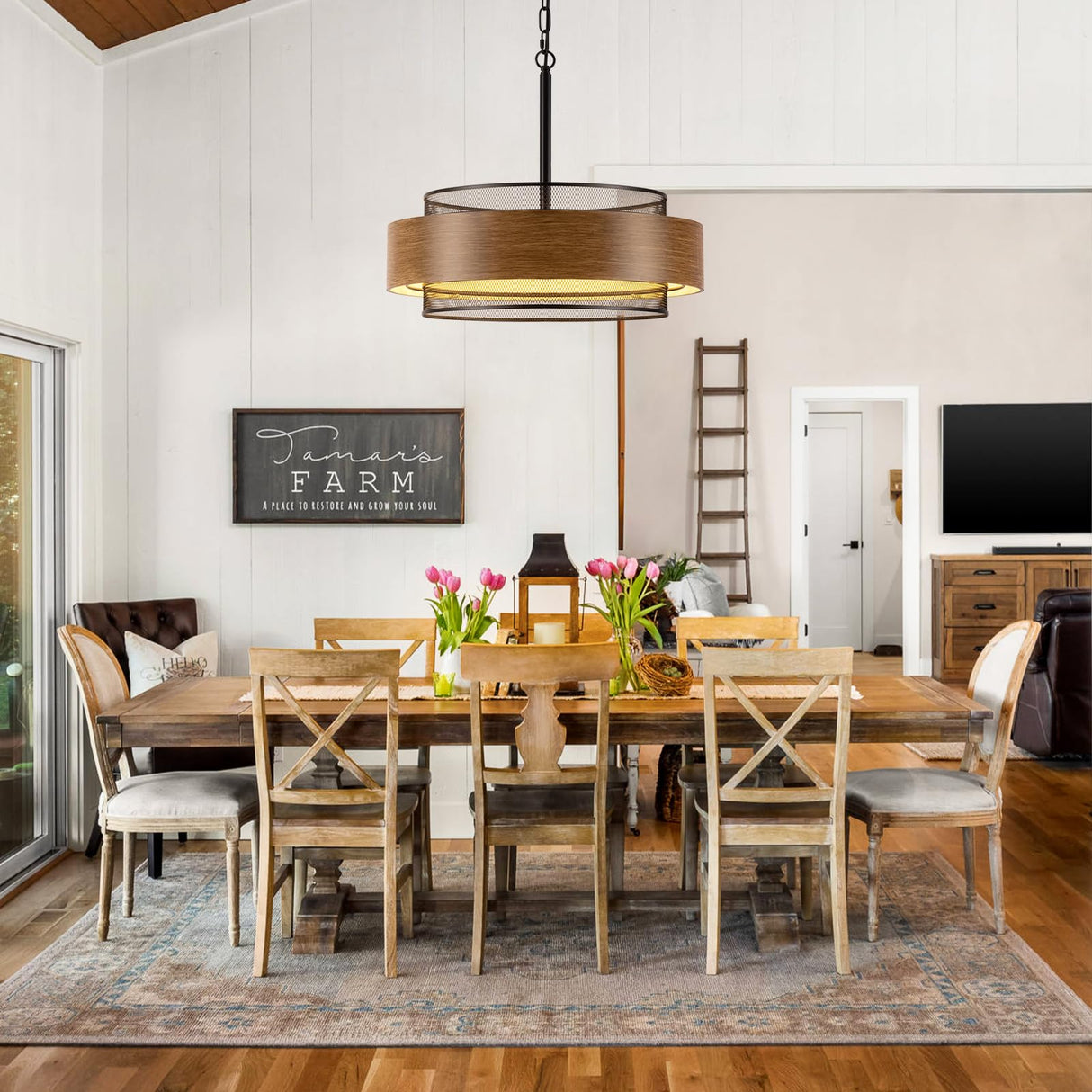 19.7 inch Farmhouse Chandeliers for Dining Room, 5-Light Rustic Large Round Black Chandelier Metal Wood Texture Interior Hanging Lighting for Entryway Kitchen Island Foyer Bedroom Living Room Corlaceling