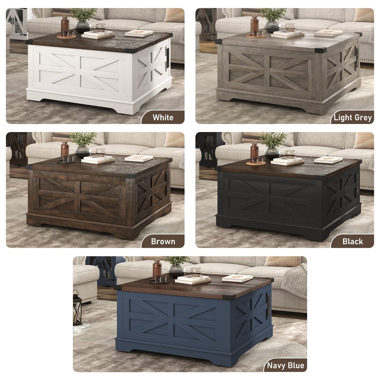 Hlivelood 36" Farmhouse Movable Lift Top Coffee Table with Storage and Power Outlets, Square Wood Living Room Tables with Wheels&Large Hidden Space, Lift Wooden Barn Door Center Table, Black Hlivelood