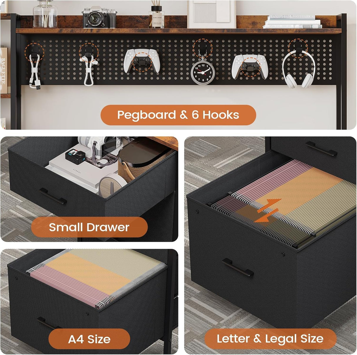 UPOSOJA Gaming Desk with Hutch, 65in Reversible Computer Desk with Power Outlets LED Light, Home Office Desk with Monitor Stand 2 Drawers 4 Storage Shelves Pegboard 8 Hooks Mouse Pad (Brown) UPOSOJA