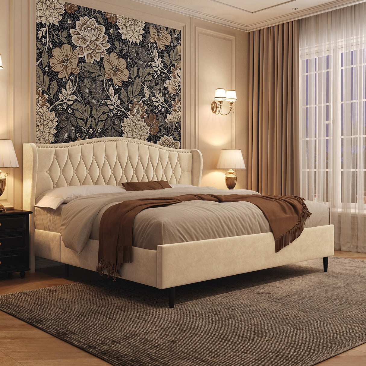 Belffin King Bed Frame and Headboard, Luxury Upholstered Velvet Platform Bed with Wingback, Button Tufted & Nailhead Trim, Anti-Slide Tall Footboard, No Box Spring Needed, Noise-Free, Beige Belffin