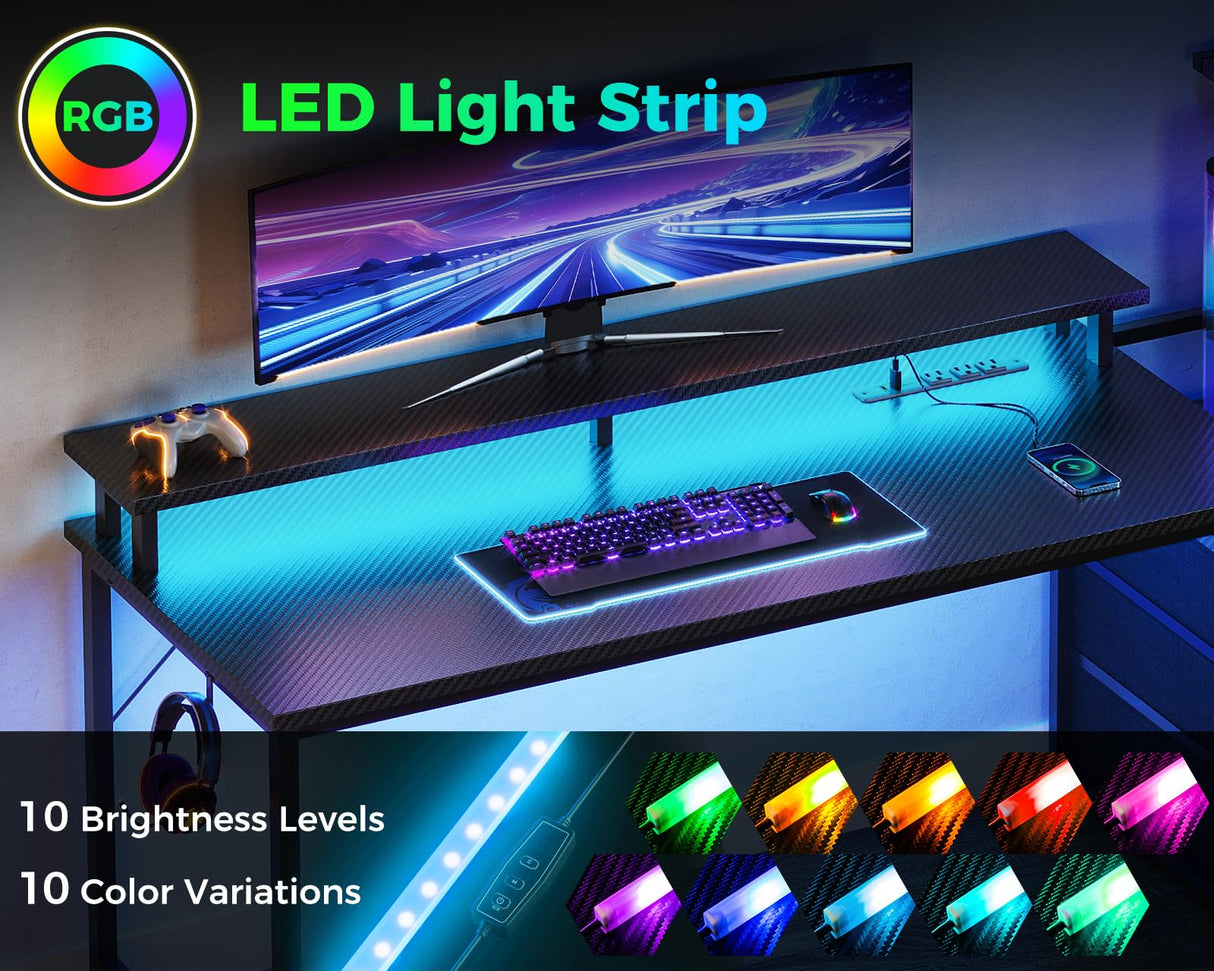 AODK 59 Inch Gaming Desk with USB Charging Ports & LED Light- Reversible Computer Desk with Storage Shelves & Monitor Stand, Modern Gamer Desk Table with Fabric Drawers & Side Hook, Carbon Fiber Black AODK