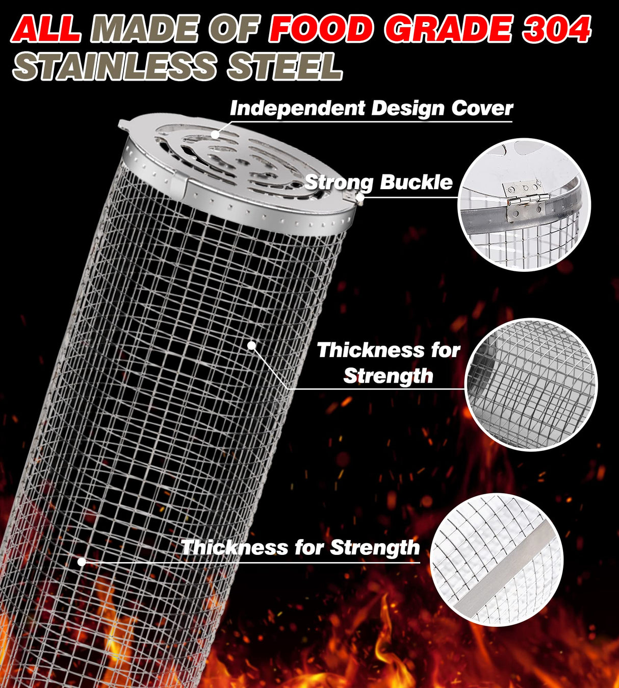 Rolling Grilling Baskets for Outdoor Grill Bbq Net Tube Stainless Steel Large Round Mesh Rotation Barbecue Cylinder Cage Cooking Accessories for Veggies Vegetable Fish Meat Food Camping, Gift for Men Aucma