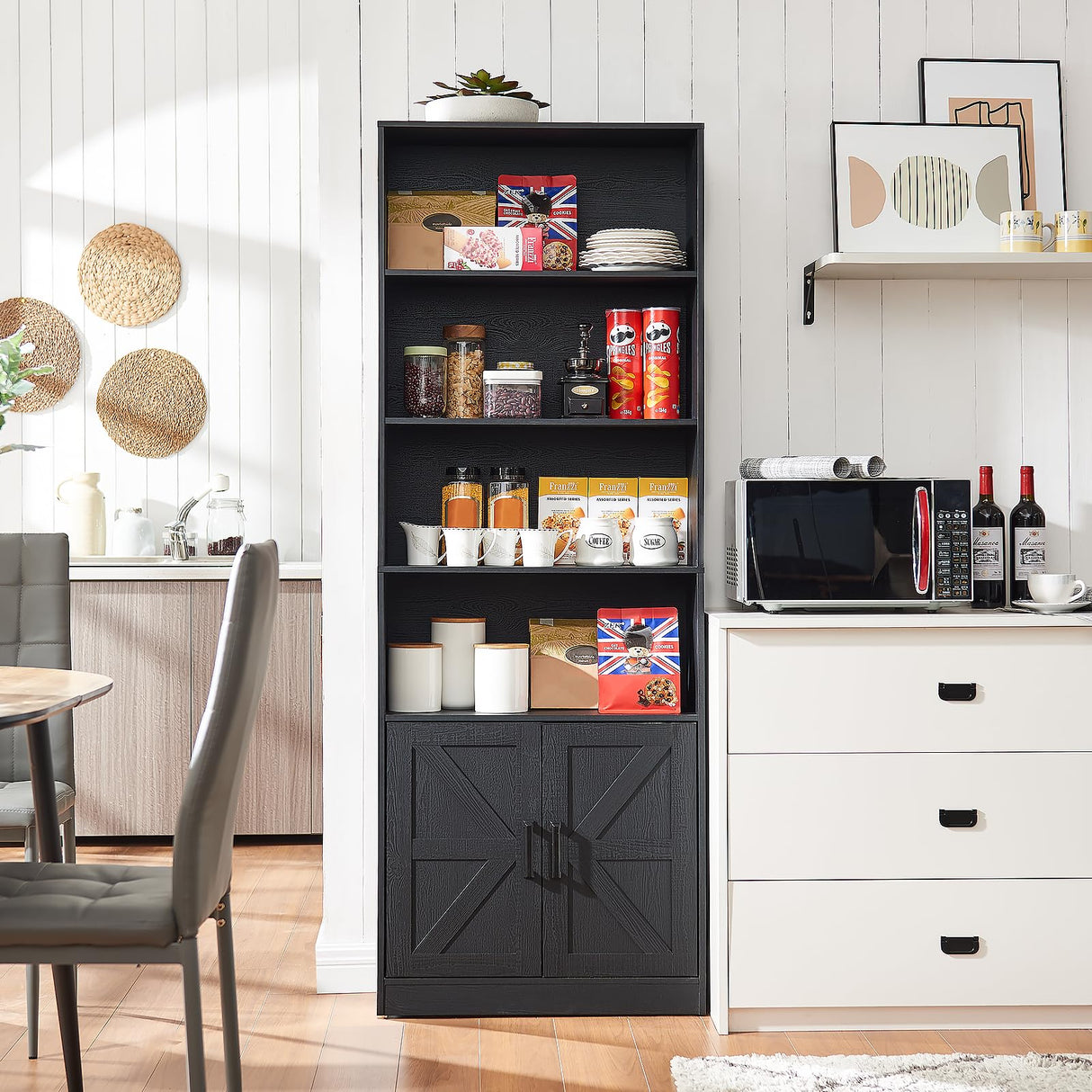 RWYHG 70in Tall Bookshelf 6 Tier Bookcase with Barn Doors and Adjustable Shelf, Black Farmhouse Book Shelves with Storage Cabinet,Wood Floor Standing Display Bookshelve for Bedroom,Living Room,Kitchen RWYHG