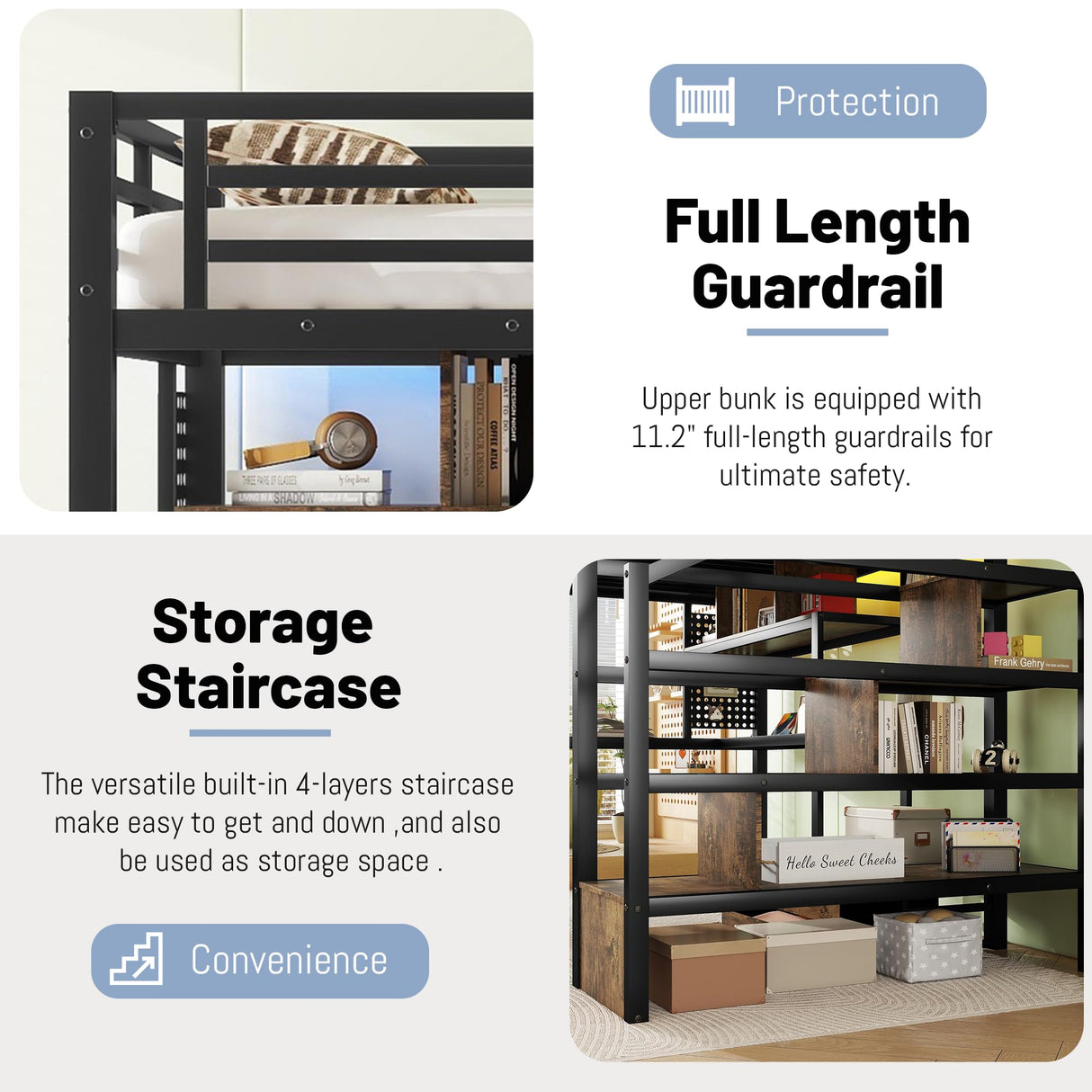 MoproBeti Full Size Loft Bed with Desk and Stairs,Metal Gaming Loft Bed with LED,Charging Station, High Loft Bed Full with Storage Shelves,Wardrobe and Drawers for Kids Teens, Adults, Black MoproBeti