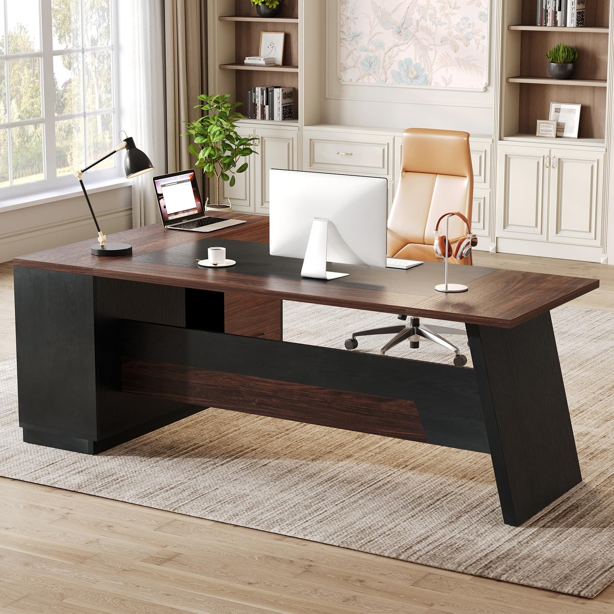LITTLE TREE 78-Inch Executive Office Desk with File Cabinet, Large Modern Corner Office Desk for Home Office, 3-Drawer Wood File Cabinet, Spacious Workstation for Home Office (Brown & Black) LITTLE TREE