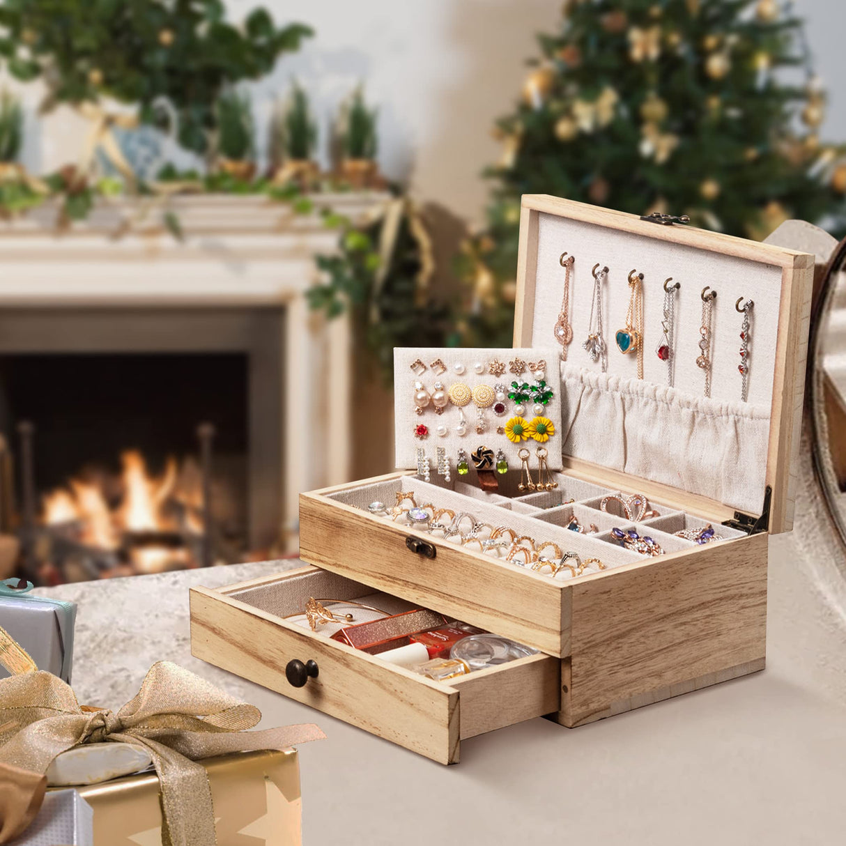 Tektalk Jewelry Box for Women Girls Jewelry Organizer Farmhouse Style Jewellery Holder for Necklace Earrings Rings Bracelets - Light Brown Tektalk